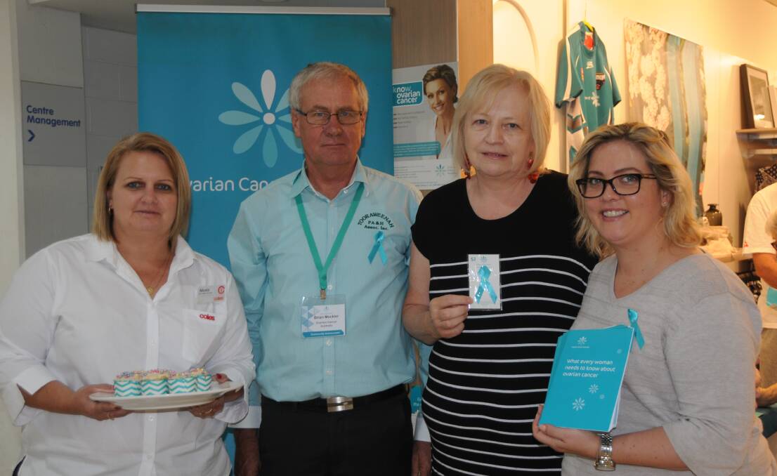 KNOW THE SIGNS: Coles Dubbo store supply manager Nicola Weeks, Ovarian Cancer Australia community ambassador Brian Mockler, Anne Staines and Black Pepper Dubbo's Annette Rawson at the morning teal. Photo: ORLANDER RUMING