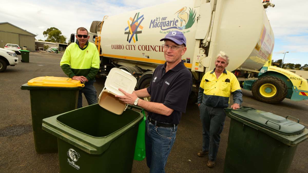 NOT A WASTE: Scott Neyland, David Pipe and Western Plains Regional Council manager civil infrastructure and solid waste Steve Clayton, who says a third bin will be supported in Dubbo. Photo: BELINDA SOOLE