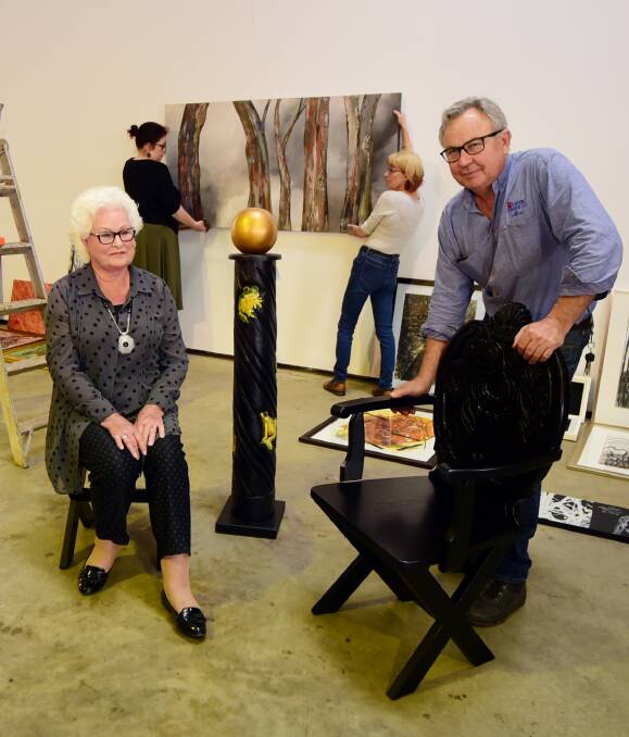 ART: Anneluise von Friedel-Klarenberg, Max Ramien, Jessica Moore and Pauline Griffiths at the Fresh Arts exhibition at Ramien's Timber, which centres on wood. Photo: BELINDA SOOLE