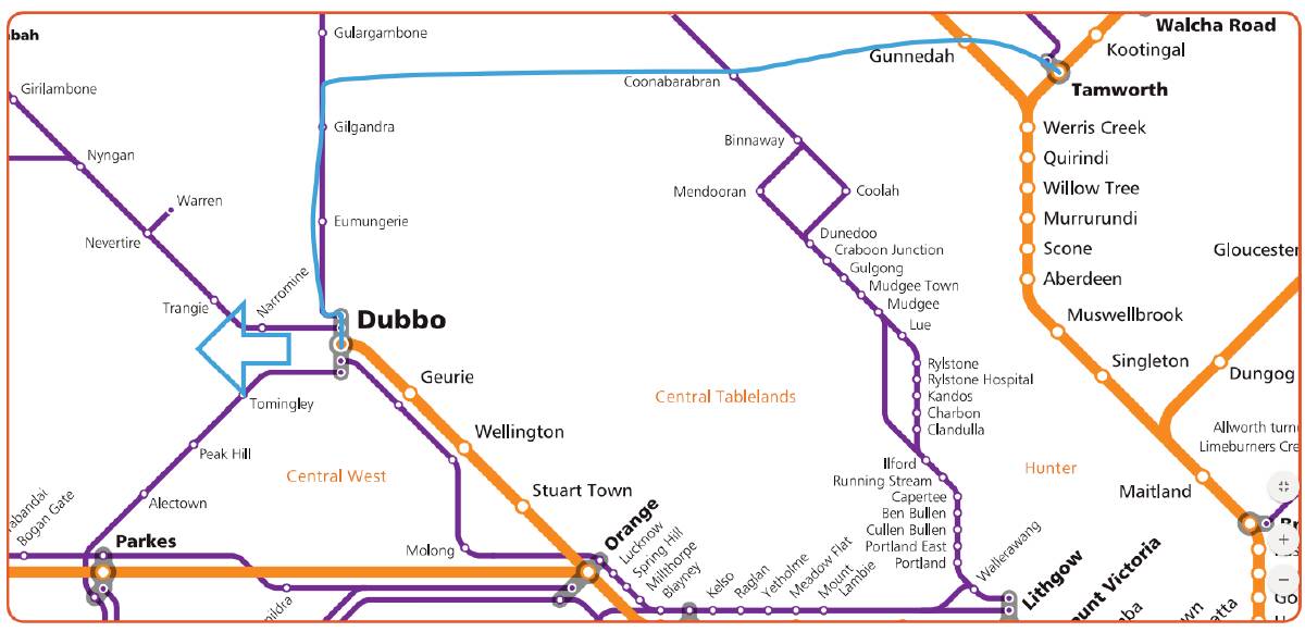 The proposed route for the Dubbo-Tamworth bus service. 