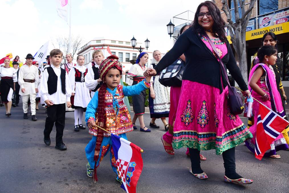 CELEBRATING CULTURE: Falguni Solanki and son Ansh, were among hundreds of participants in the 2015 Dubbo Multicultural Festival street parade. Photo: BELINDA SOOLE