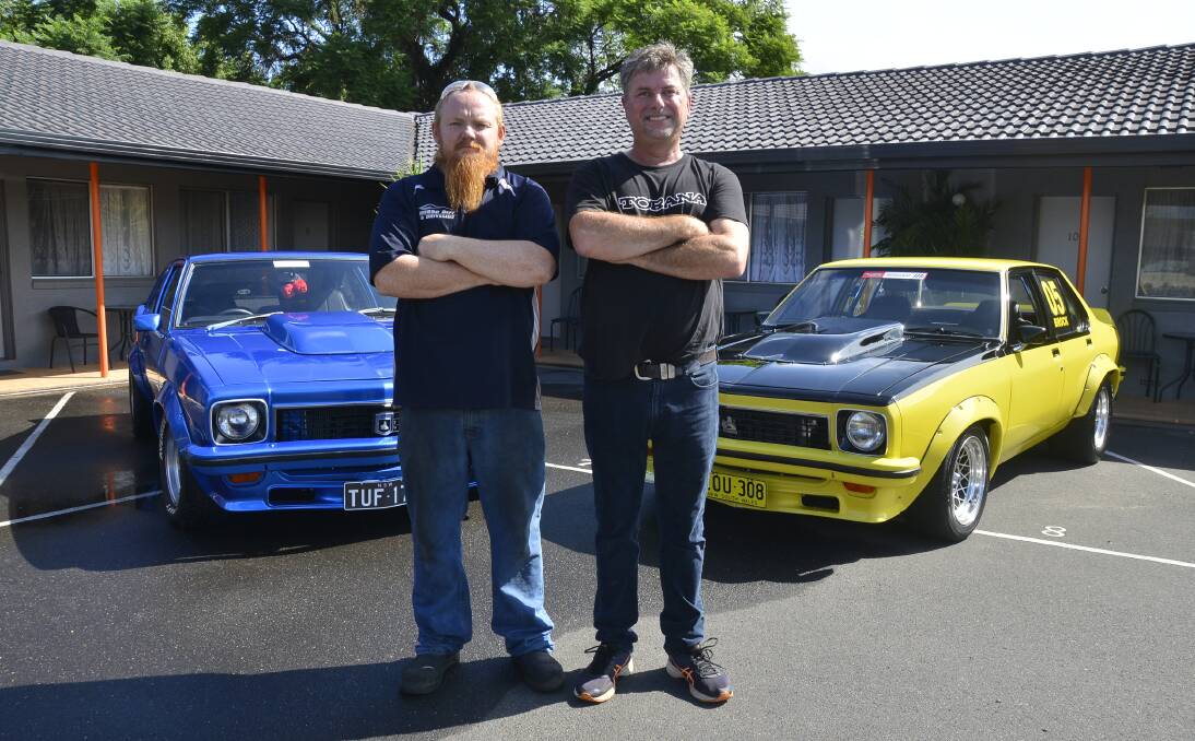READY TO REV: Wade McPherson and Craig Triplett with their Toranas, which will soon be joined by many more for the DubVegas Torana Cruz in May. Photo: PAIGE WILLIAMS