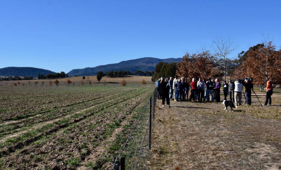 Residents and media at a press conference on a property located near the proposed Burrundulla Solar Farm site in 2019. 