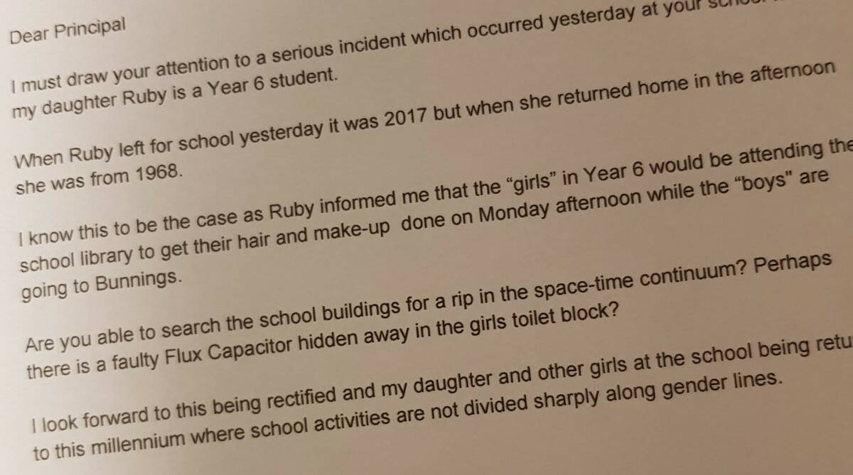 Dad pens angry letter to Dubbo school for sending girls to make-up and boys to Bunnings