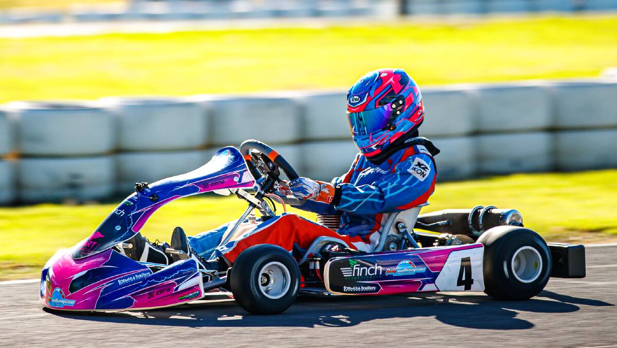 Lily Sugden on track in her pink and blue Kart Republic kart. Photo: Supplied / Daniel Sugden