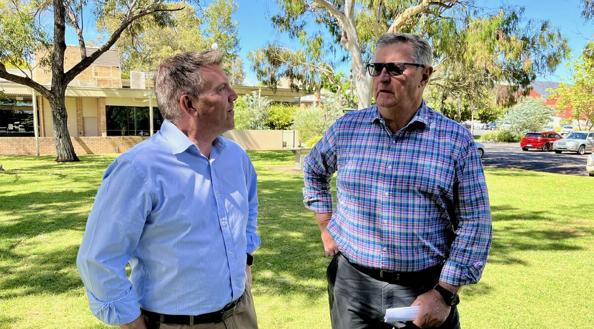 Nationals Member for Dubbo Dugald Saunders with Mid-Western Regional Council Mayor Des Kennedy at the December 2022 announcement that Mudgee was added to a list of towns across the state that are 'protected' from encroaching renewable energy developments. 