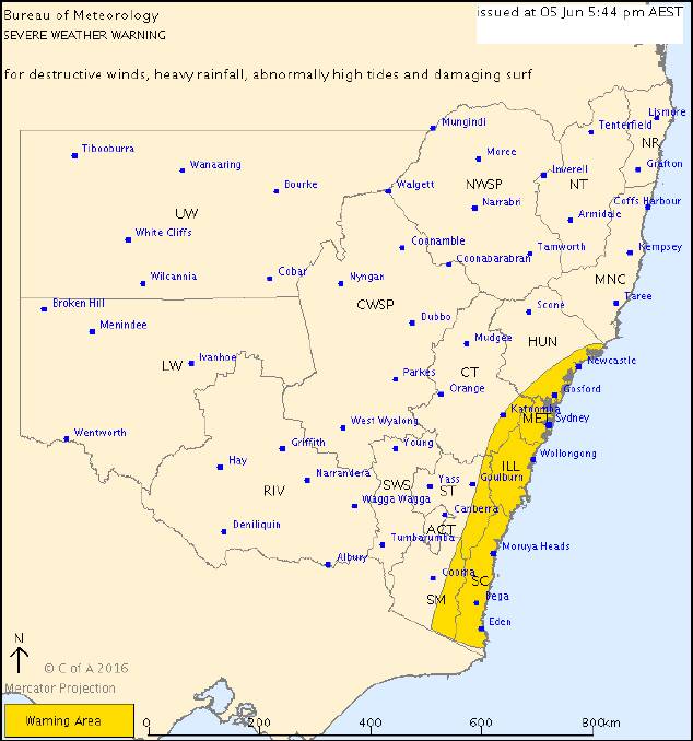 The severe weather warning area in New South Wales.