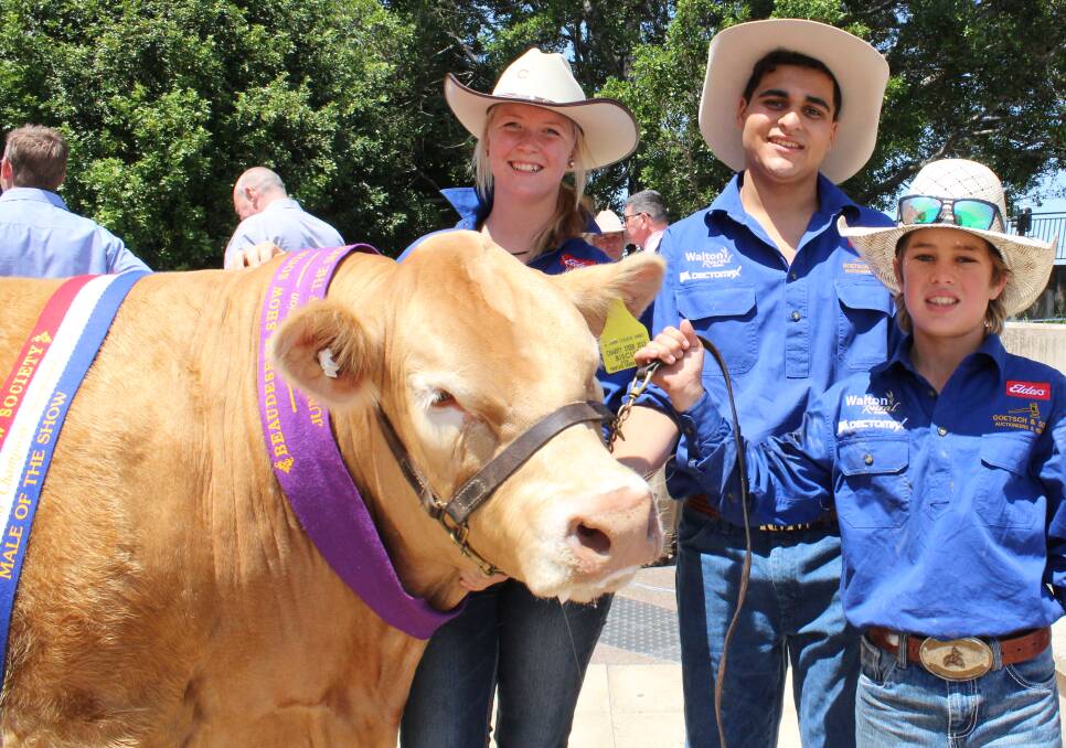 CHARITY STEER: Lauren Moody and Anthony Labib from St John's College, Dubbo, and Billy Goetsch, Goetsch and Sons, Kalbar, with Biscuit, a 700kg Limousin/Charolais-cross steer which sold for $25,000 for prostrate cancer research.