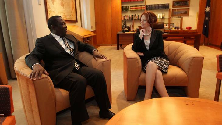 Zimbabwean Prime Minister Morgan Tsvangirai with Prime Minister Julia Gillard in her office at Parliament House, Canberra.