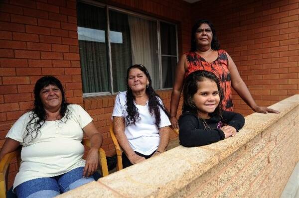 Weilmoringle residents Michelle Brown, mother Kathleen Kelly, sister Robyn Brown and (front) niece Tori Knight during their five-week wait at Dubbo for floodwaters to subside at home.