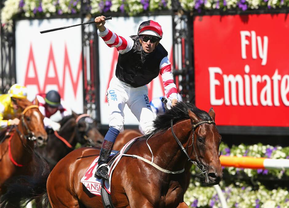 Hugh Bowman secures his third Victoria Derby aboard Polanski on Saturday. 	Photo: GETTY IMAGES