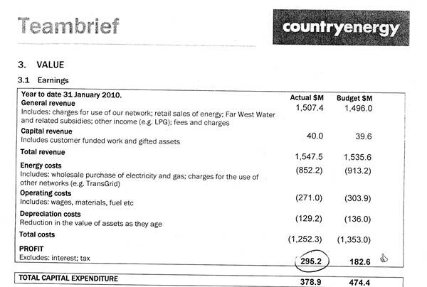 Part of the leaked document from Country Energy