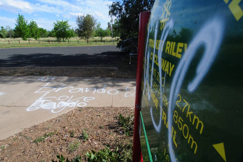 Graffiti sprayed on the Tracker Riley Cycleway that added to Dubbo City Council's vandalism costs, already totalling more than $40,000 for the financial year. Photo: LOUISE DONGES.