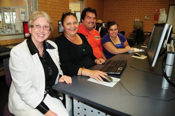 CSU lecturer Maria Bennet with Teacher in Communites new students Tracy Walford and Jason from Walgett and Jamie O’Donnell from Broken Hill at the Dubbo Campus.Photo: AMY MCINTYRE