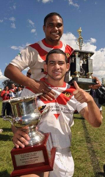 Walgett players Michael Lett (player of the series) and Tohi Leha (Walgett’s player’s player) at Armidale on Monday.
