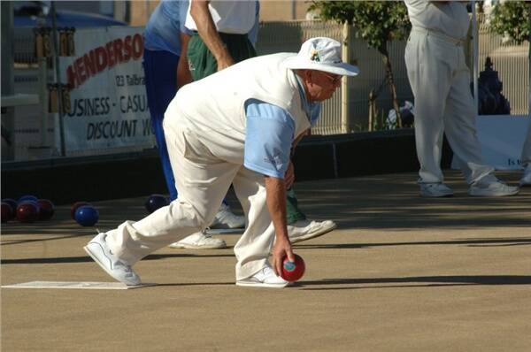 West Dubbo’s Dick Jefferies on the mat in the Master Pairs tournament at Dubbo Railway Bowling Club.