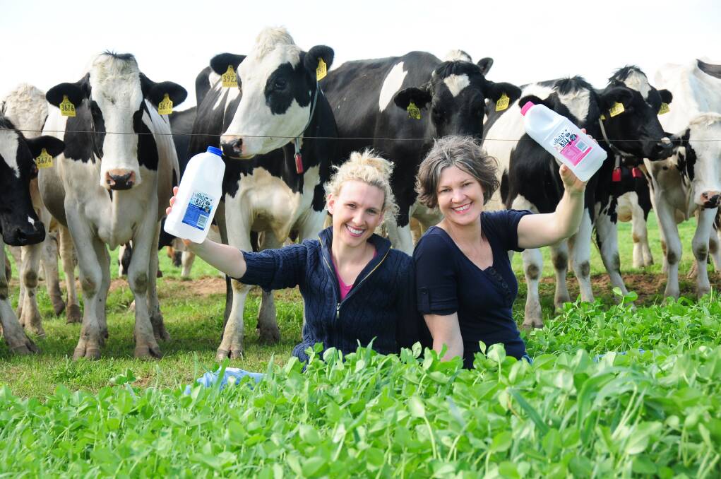 Emma Elliott and her mother Erica Chesworth out with the cows on the Little Big Dairy Co. 	Photo: LOUISE DONGES