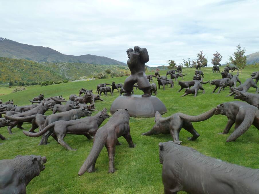 The Wolves are Coming showing a warrior statue and 110 wolves on The Hills golf course in New Zealand where Peter Allan had a hole-in-one.