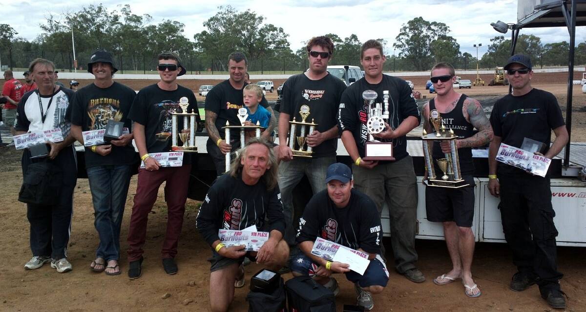 The top 10 from the NSW Pro Burnouts held at Morris Park recently - (back) Peter Lanati, Gary Myers, Jake Myers, Peter Grmusa, Steve Edsall, Matt Power, Craig Whiddett and Andrew Poole with (front) Greg Young and Adam Mutimer.