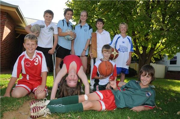 (back) Will Anderson (rugby and cricket), Laura Howell (netball), Georgina Riley (netball), Matthew Chandler (cricket), Hayden Howell (basketball), and (front) Luke Riley (soccer), Hannah Chandler (gym), Will Howell (basketball) and lying down, James Riley (soccer and cricket).