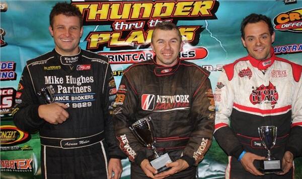 Placegetters in the Frank Cross Sprint Car race at Morris Park on Saturday night - Adrian Maher (3rd), Marty Perovich (1st) and Troy Little (2nd).