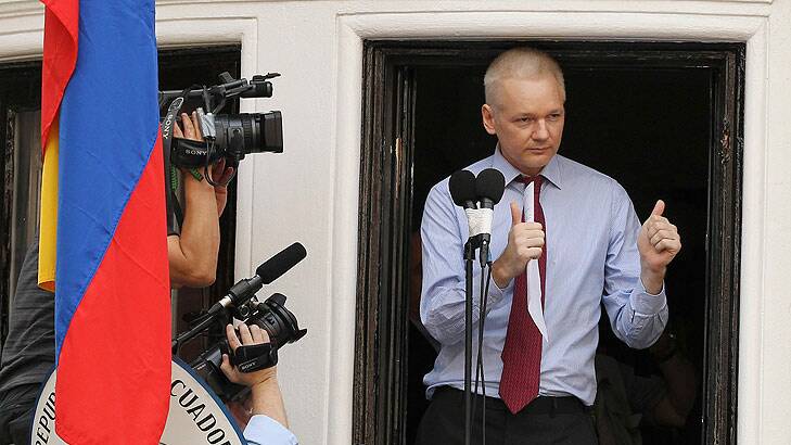WikiLeaks founder Julian Assange gives the thumbs up sign after speaking to the media outside the Ecuador embassy in west London earlier this week.