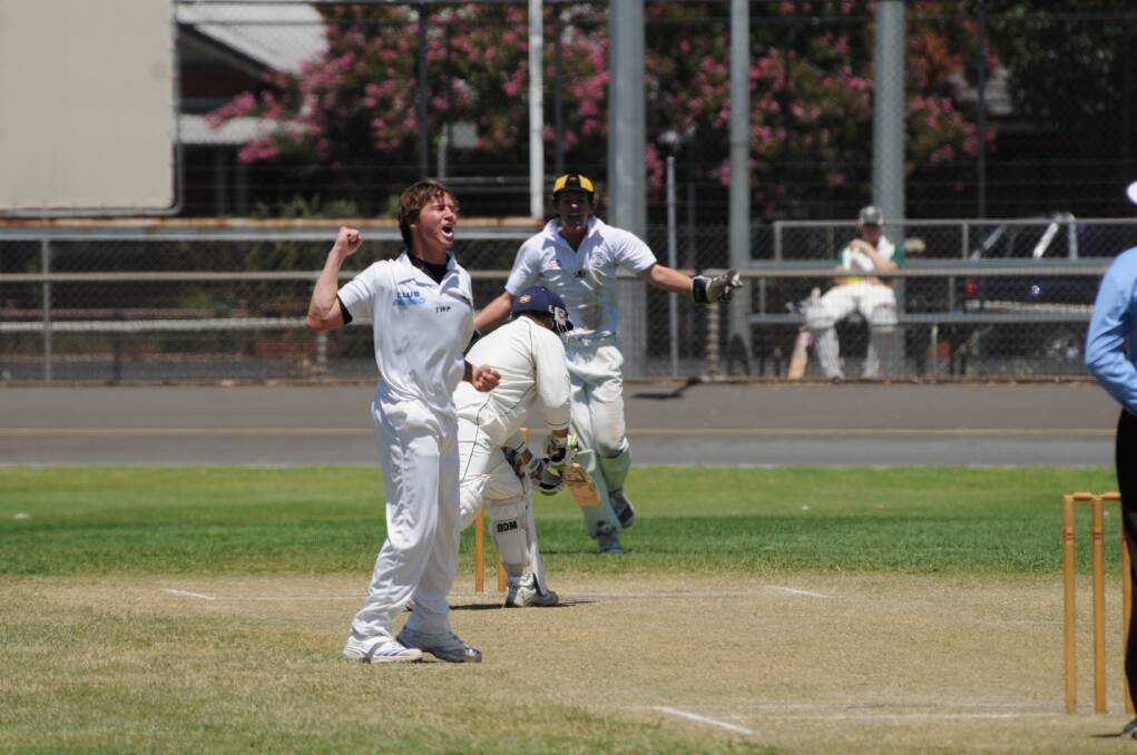 Newtown quick Ben Patterson and wicketkeeper Dan French celebrate the vital wicket of Jaspal Bansal during their side's five-run win over CYMS on Saturday. 												    Photo: KATHRYN O'SULLIVAN