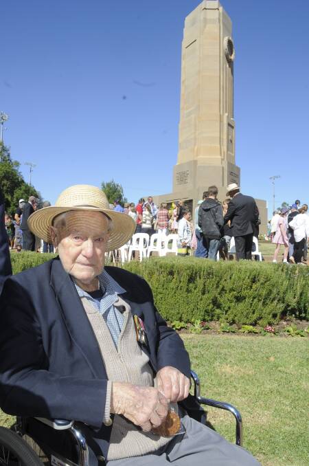 Stanley Harvey, 95, at the Anzac Day ceremony after the parade to Victoria Park.