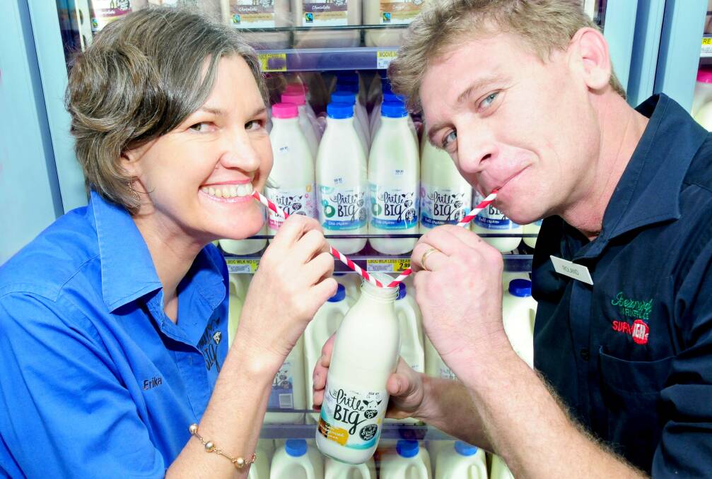 Erika Chesworth of the Little Big Dairy Co with Rolan Black, Dairy/ freezer manager at Bernardis IGA. Photo: LOUISE DONGES