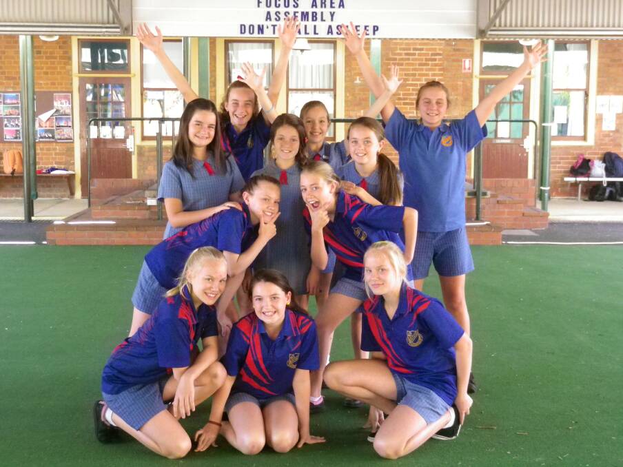 Dubbo Public School students taking part in the Schools Spectacular this week: (Back) Lucy Power, Tara Williamson, Bella Monaghan, Phoebe Cusack, Tamikah Melville, Ruby Hammond; (Middle) Maddi Alderton-Fardell, Eliza Bryan, and (Front) Olivia Galway, Juliet Furner, Samantha Galway. 	Photo supplied