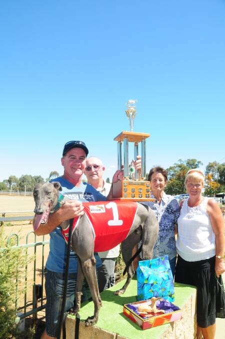 Geoffrey Kikpatrick, Eric Bradshaw, Jeanette Kilpatrick and trainer Charmaine Roberts with Pin High after winning the Lesley Ann Leonard Memorial yesterday. Photo: Louise Donges