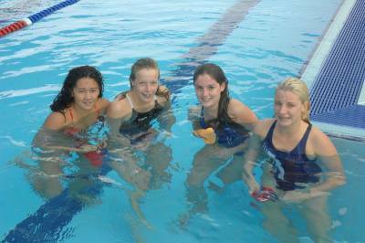 Sky Holland (Lightning Ridge), Alison Matuschka (Kinross), Tilly Caton (Dubbo City) and Amelia Ward-Price (Nuswim) at yesterday’s Swimtech summer swim meet.