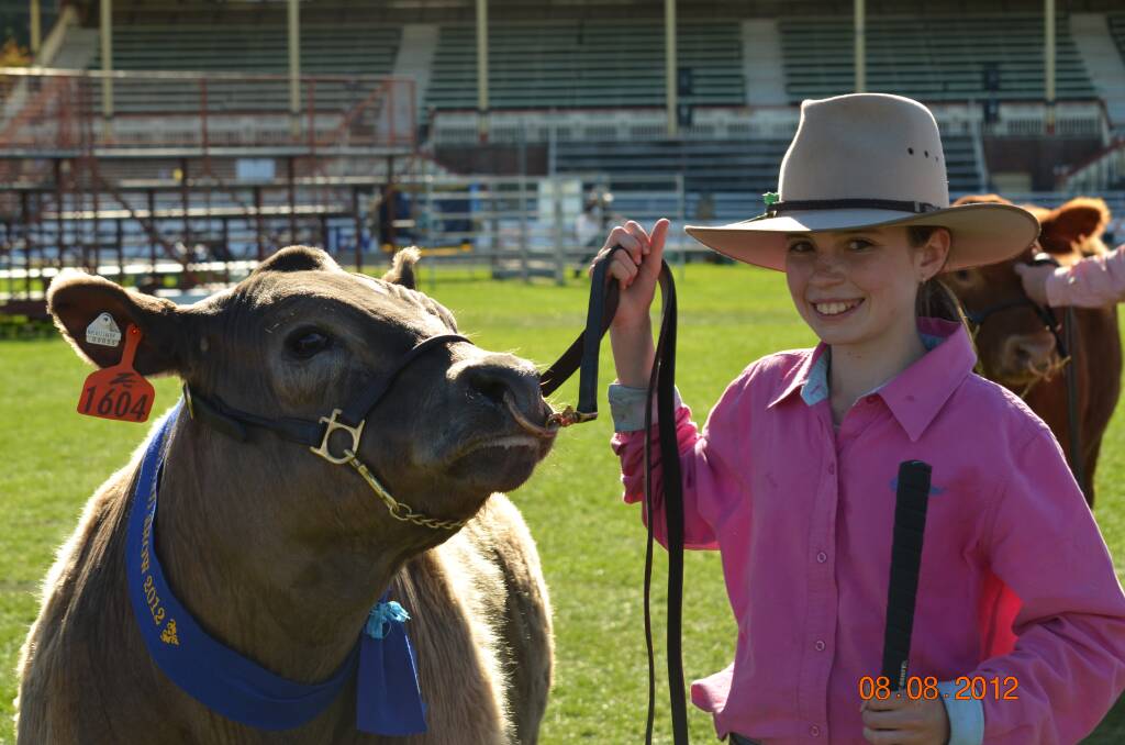 Year 7 student Rebecca Ferguson parading the first place winner in the lightweight led steer class.
