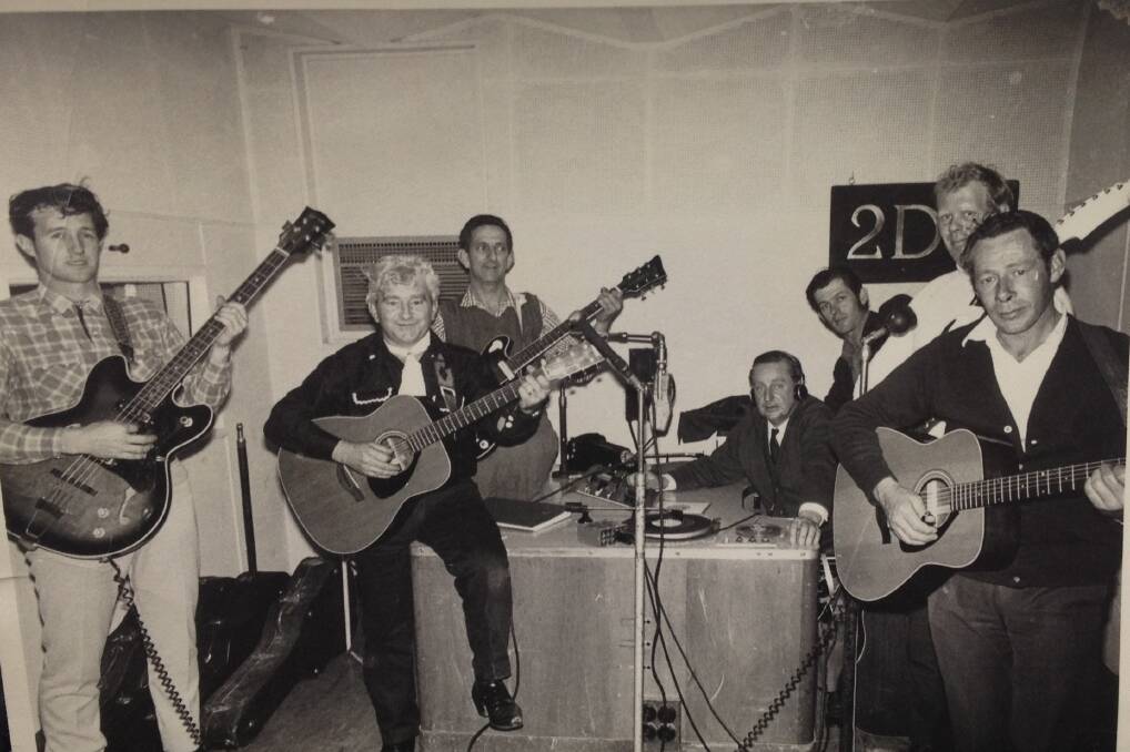 The late Ken Pritchard, (second from left) with other country music lovers in the 2DU studios including from left: Ron Taylor, Hec Davies, Ken Cameron, Gary Gowans, Ralph Tribe and Alec Saffy. 								     Photo CONTRIBUTED