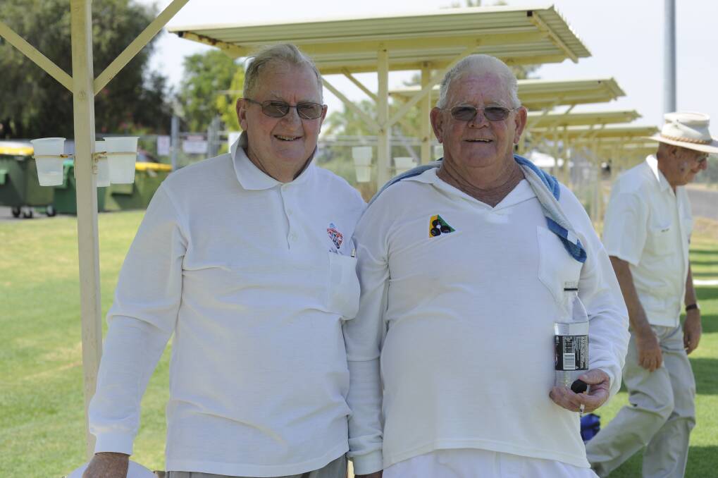 The heat of the morning wasn't about to stop Allan Brown and Don Orth turning up for the RSL Combination bowls on Sunday. Photo: CHERYL BURKE
