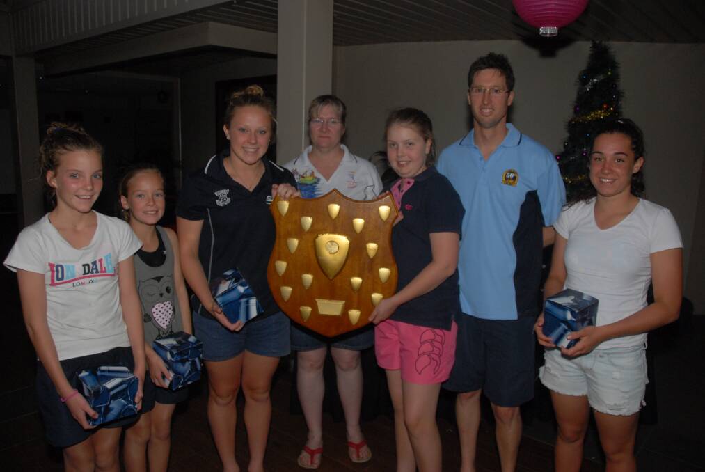 Members of the winning teams in the Clive Roots Memorial Relay swimming event conducted by the Dubbo RSL Ducks: Hayley and Tiaira Adams, Georgia Baker, Louise Taylor, Greta Scullard, Mark Scullard and Olivia Mulholland. 
Photos: BELINDA SOOLE