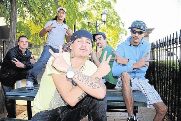 Paul Howarth, Greg Derrick (also known as Dexta), Tark Edwards and Robert Hancock with Australia’s Got Talent rap sensation and Coonabarabran local, Matt White. FULL STORY PAGE 4.     Photo: AMY GRIFFITHS
