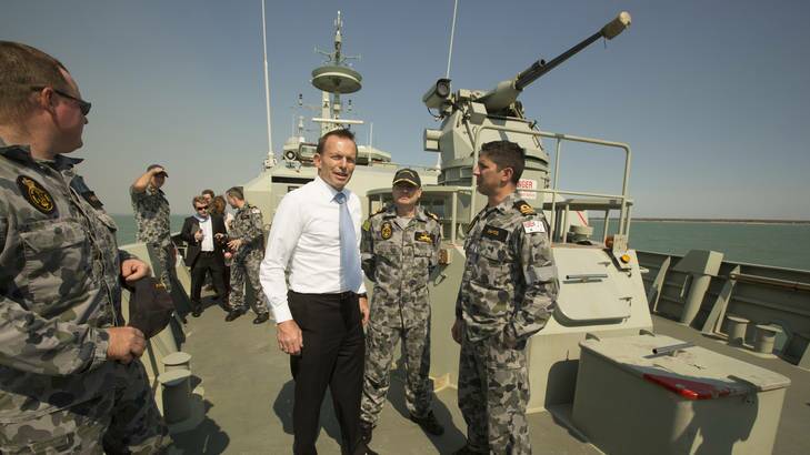 "Coalition policy is clear" ... Tony Abbott aboard HMAS Bundaberg off Darwin yesterday.