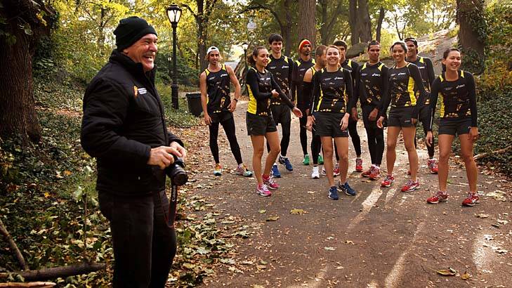 In training: Rob de Castella, left, with the Indigenous Marathon Project team before a training run in New York's Central Park. Photo: Trevor Collens