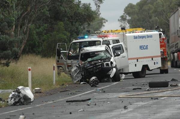 The scene of the crash between a B-double and a ute on the Newell Highway yesterday. Photo: BELINDA SOOLE