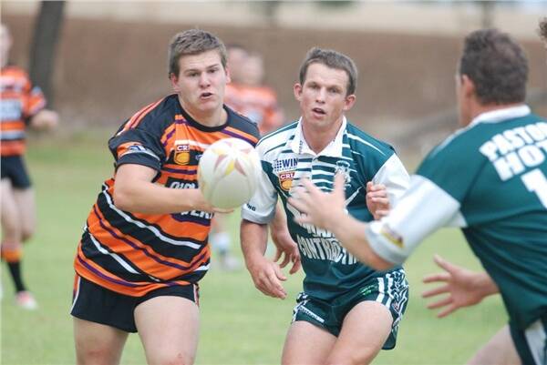 Dubbo CYMS hooker Luke Jenkins gets a pass away to Shawn Townsend during a trial against Lithgow Workies in March.