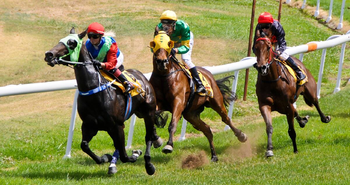 Justin Stanley (green and yellow colours) and Greg Ryan (black and red colours) stalk Tiffany Jeffries during the running of the second race at Wellington on Boxing Day. All three jockeys will be in action at the Warren Cup meeting on Sunday. 	Photo: BEN WALKER
