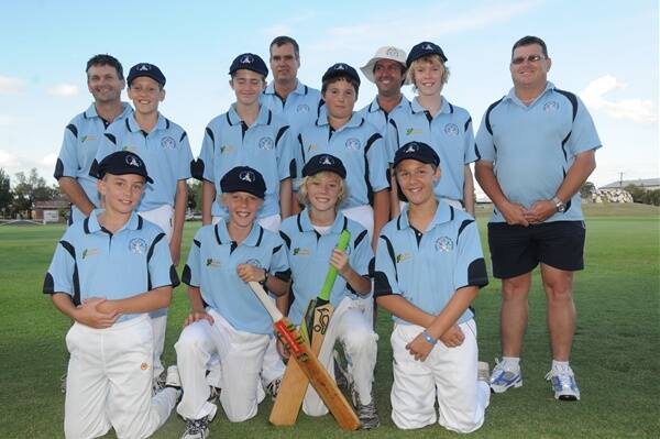 The Dubbo Invitation under-13s and some of the dads who will be with them in Orange this week: (back) Darryl Thompson, James Hughes, Kyle Munro, manager Alan Hughes, Jarrod Wilson, coach Mark Munro, Patrick Kelly, Dubbo Junior Cricket Association vice-president Trevor Thomas; (front) Joshua Thompson, Scott and James Duffy and Blake Watmore. Absent: Elliott Carlin, Strath Munro, Cayden McGrath and