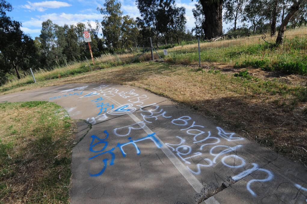 Graffiti sprayed on the Tracker Riley Cycleway that added to Dubbo City Council's vandalism costs, already totalling more than $40,000 for the financial year. Photo: LOUISE DONGES.