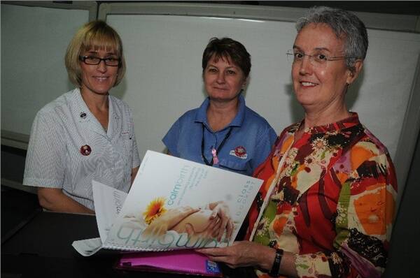 Midwife Libby Campbell and maternity ward co-ordinator Therese Pike with Cath Brennan.