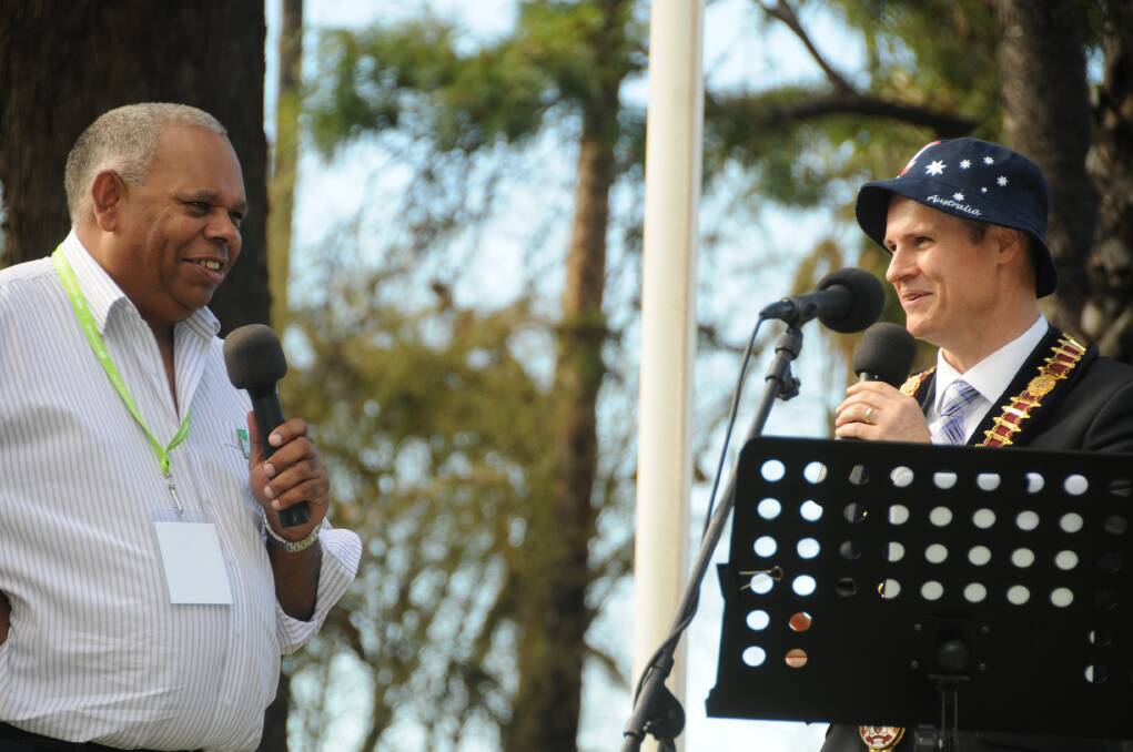 Former rugby league international and Australian Day Ambassador Larry Corowa talks sport and politics with Mathew Dickerson at Victoria Park on Saturday morning. 										                Photos: KATHRYN O’SULLIVAN