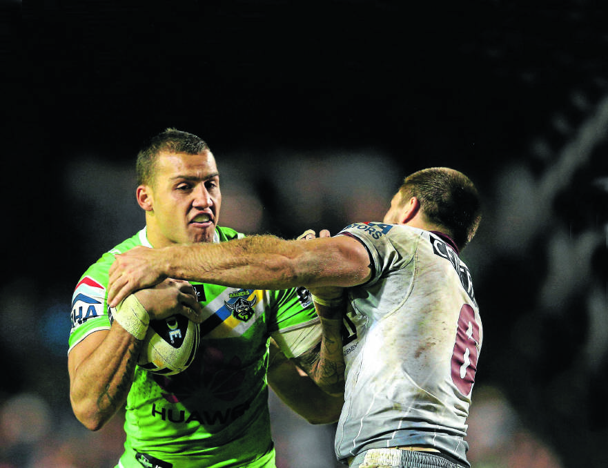 Blake Ferguson with the ball for Canberra Raiders in their 16-10 loss to the Manly Sea Eagles on Saturday night.The  Wellington product has been selected to play on the wing for NSW in State of Origin game one.  Photo: GETTY IMAGES