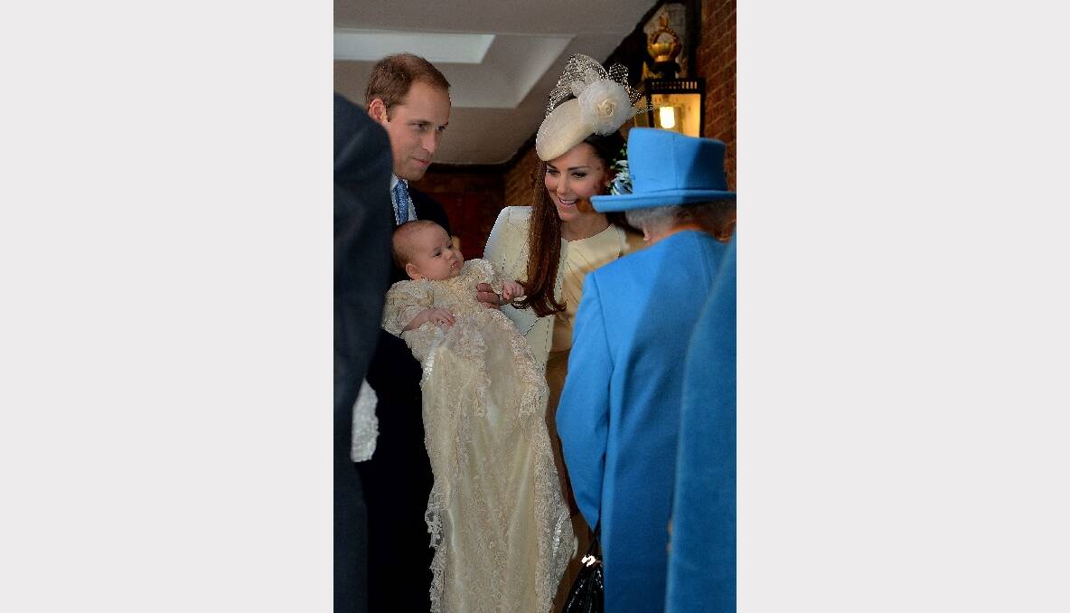 Prince William, Duke of Cambridge and Catherine, Duchess of Cambridge talk to Queen Elizabeth II as they arrive, holding their son Prince George, at Chapel Royal. Picture: Getty