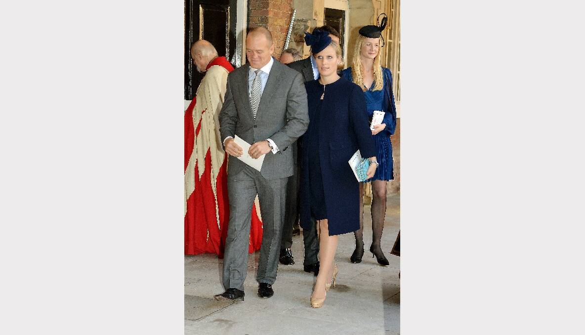 Godparent Zara Philips and husband Mike Tindall leave the Chapel Royal in St James's Palace. Picture: Getty