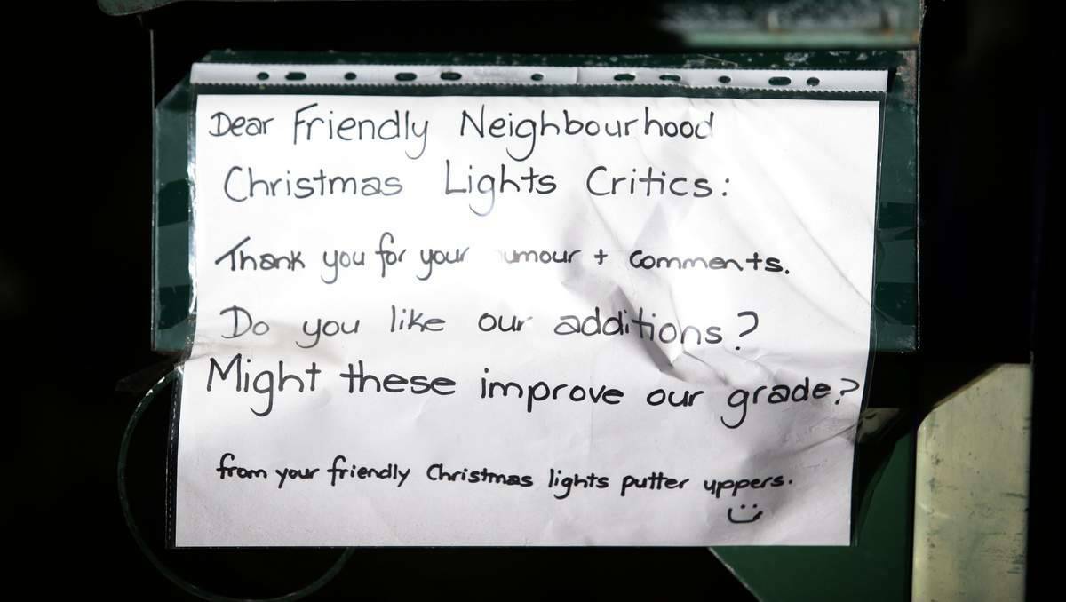 APPEAL: The Curringtons of 47 Kenley Crescent Macquarie Hills left this note attached to their letter box in reply to the Friendly Neighbourhood Christmas Lights Critic.